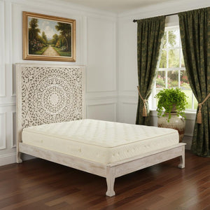 HomeRoots White Carved Floral Distressed Solid Wood Queen Bed Frame - Artisan Design for Serene Bedrooms 635810