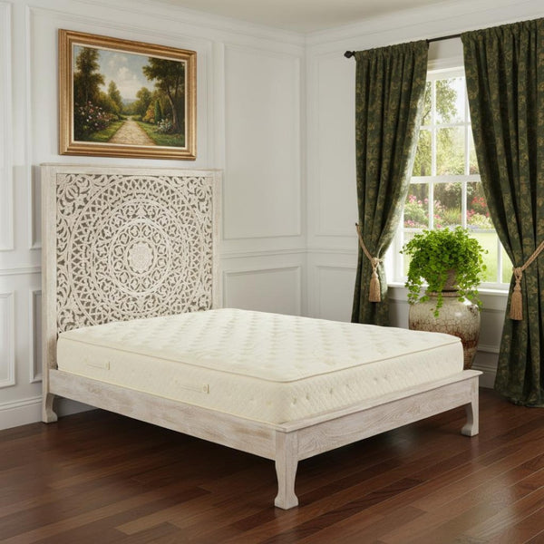 HomeRoots White Carved Floral Distressed Solid Wood Queen Bed Frame - Artisan Design for Serene Bedrooms 635810