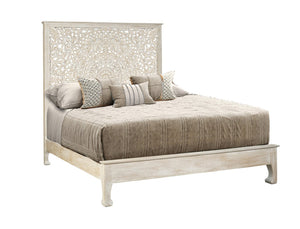HomeRoots White Carved Floral Distressed Solid Wood Queen Bed Frame - Artisan Design for Serene Bedrooms 635810