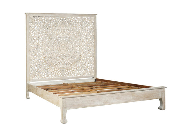 HomeRoots White Carved Floral Distressed Solid Wood Queen Bed Frame - Artisan Design for Serene Bedrooms 635810