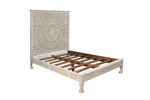 HomeRoots White Carved Floral Distressed Solid Wood Queen Bed Frame - Artisan Design for Serene Bedrooms 635810
