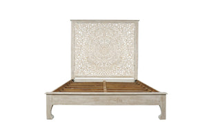 HomeRoots White Carved Floral Distressed Solid Wood Queen Bed Frame - Artisan Design for Serene Bedrooms 635810