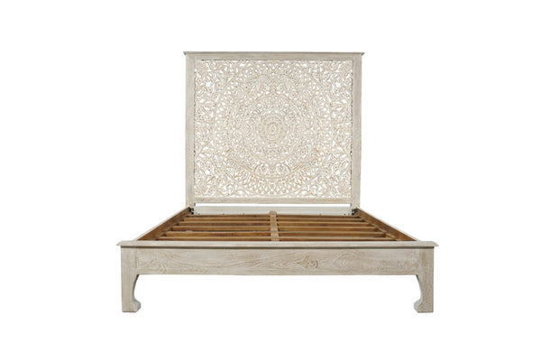 HomeRoots White Carved Floral Distressed Solid Wood Queen Bed Frame - Artisan Design for Serene Bedrooms 635810