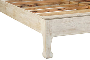 HomeRoots White Carved Floral Distressed Solid Wood Queen Bed Frame - Artisan Design for Serene Bedrooms 635810