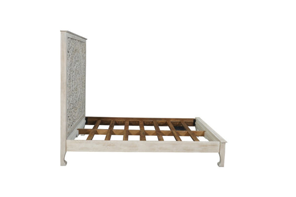 HomeRoots White Carved Floral Distressed Solid Wood Queen Bed Frame - Artisan Design for Serene Bedrooms 635810