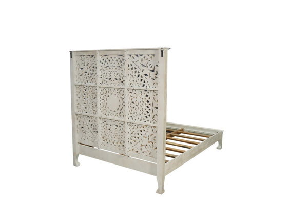 HomeRoots White Carved Floral Distressed Solid Wood Queen Bed Frame - Artisan Design for Serene Bedrooms 635810