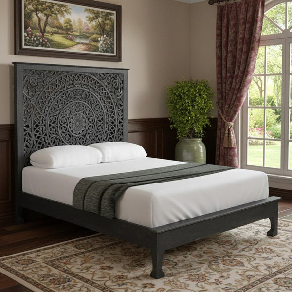 HomeRoots Black Hand-Carved Floral Distressed Solid Wood Queen Bed Frame – Unique Artisanal Design for Elegance 635811