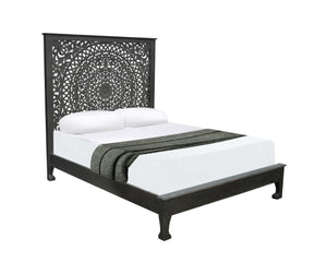 HomeRoots Black Hand-Carved Floral Distressed Solid Wood Queen Bed Frame – Unique Artisanal Design for Elegance 635811