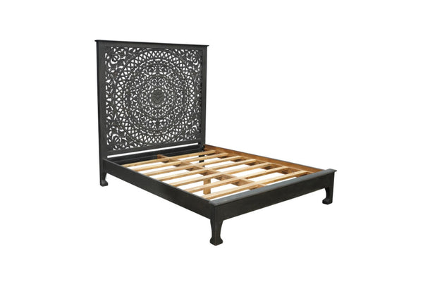 HomeRoots Black Hand-Carved Floral Distressed Solid Wood Queen Bed Frame – Unique Artisanal Design for Elegance 635811