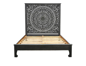 HomeRoots Black Hand-Carved Floral Distressed Solid Wood Queen Bed Frame – Unique Artisanal Design for Elegance 635811