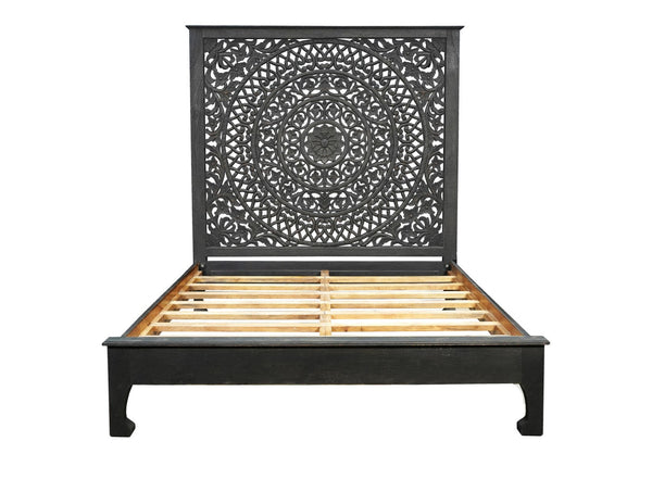 HomeRoots Black Hand-Carved Floral Distressed Solid Wood Queen Bed Frame – Unique Artisanal Design for Elegance 635811