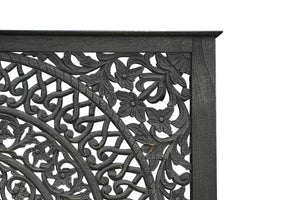 HomeRoots Black Hand-Carved Floral Distressed Solid Wood Queen Bed Frame – Unique Artisanal Design for Elegance 635811
