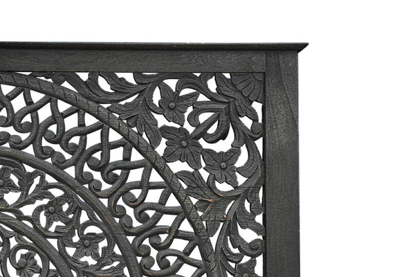 HomeRoots Black Hand-Carved Floral Distressed Solid Wood Queen Bed Frame – Unique Artisanal Design for Elegance 635811