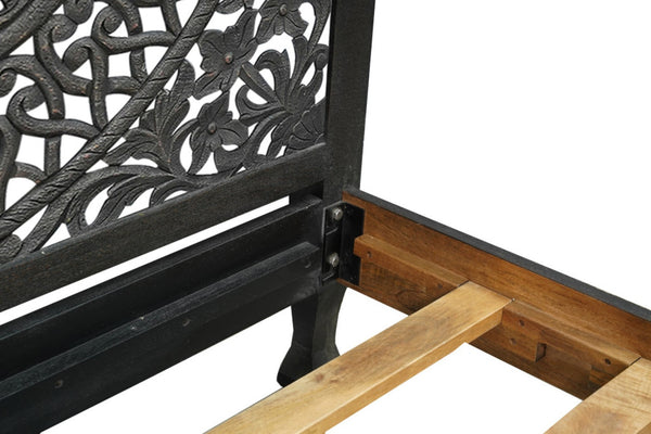 HomeRoots Black Hand-Carved Floral Distressed Solid Wood Queen Bed Frame – Unique Artisanal Design for Elegance 635811
