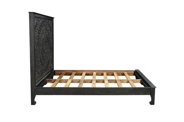 HomeRoots Black Hand-Carved Floral Distressed Solid Wood Queen Bed Frame – Unique Artisanal Design for Elegance 635811