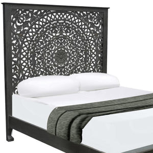 HomeRoots Black Hand-Carved Floral Distressed Solid Wood Queen Bed Frame – Unique Artisanal Design for Elegance 635811