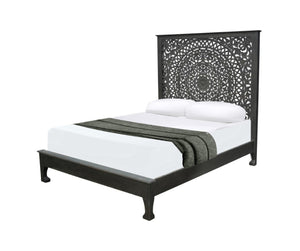 HomeRoots Black Hand-Carved Floral Distressed Solid Wood Queen Bed Frame – Unique Artisanal Design for Elegance 635811