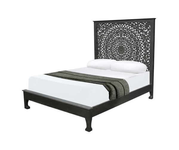 HomeRoots Black Hand-Carved Floral Distressed Solid Wood Queen Bed Frame – Unique Artisanal Design for Elegance 635811