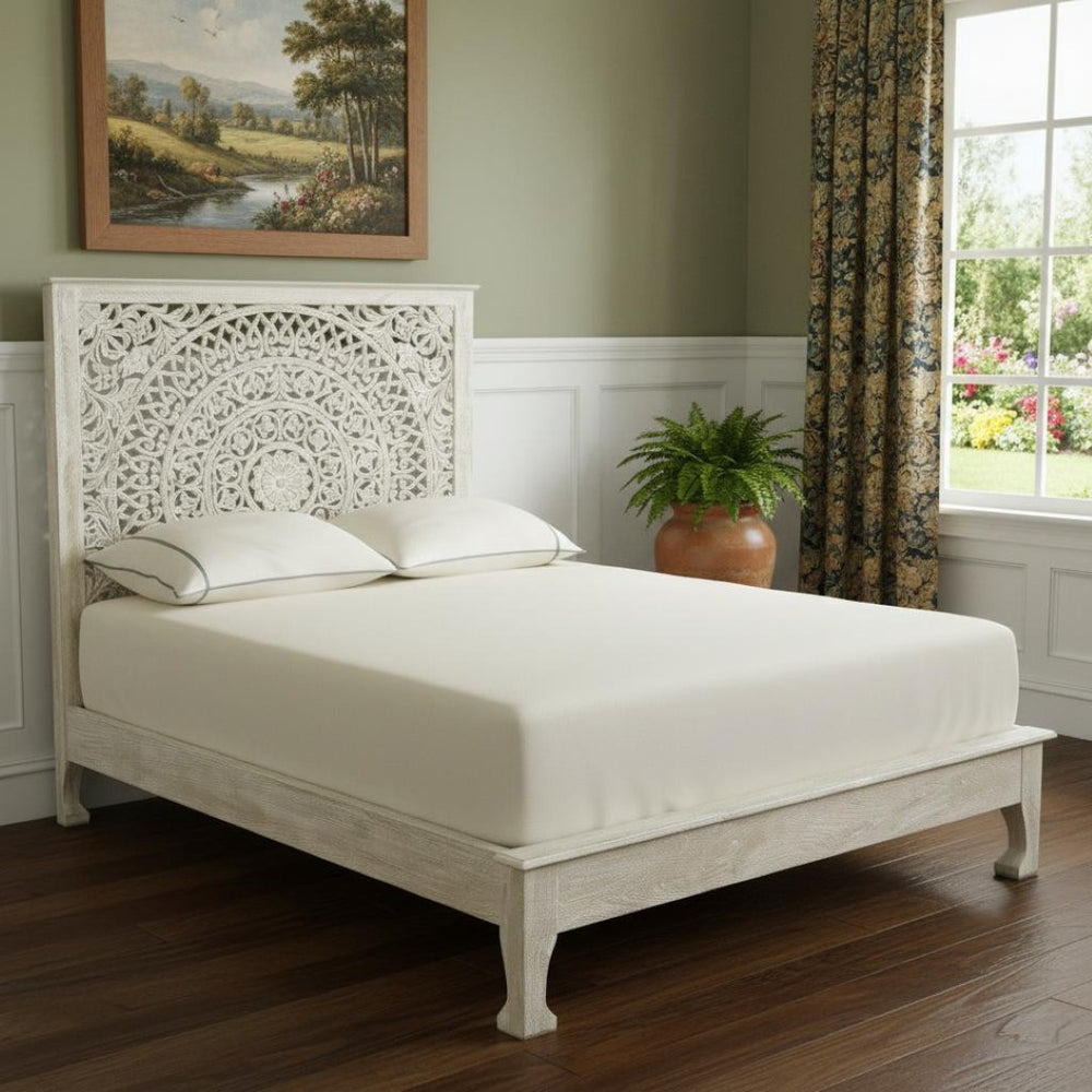 HomeRoots Gray Carved Floral Distressed Solid Wood Queen Bed Frame - Timeless Elegance for Your Bedroom Retreat 635812