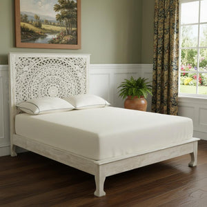 HomeRoots Gray Carved Floral Distressed Solid Wood Queen Bed Frame - Timeless Elegance for Your Bedroom Retreat 635812