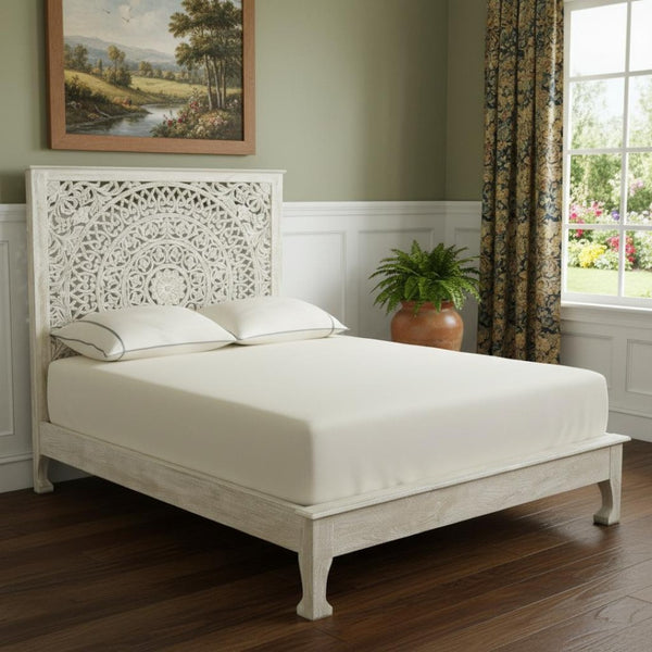 HomeRoots Gray Carved Floral Distressed Solid Wood Queen Bed Frame - Timeless Elegance for Your Bedroom Retreat 635812