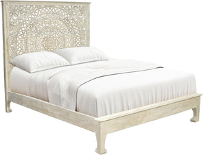 HomeRoots Gray Carved Floral Distressed Solid Wood Queen Bed Frame - Timeless Elegance for Your Bedroom Retreat 635812