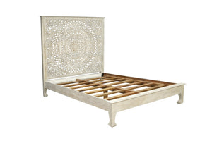 HomeRoots Gray Carved Floral Distressed Solid Wood Queen Bed Frame - Timeless Elegance for Your Bedroom Retreat 635812
