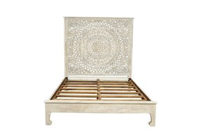 HomeRoots Gray Carved Floral Distressed Solid Wood Queen Bed Frame - Timeless Elegance for Your Bedroom Retreat 635812