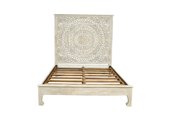 HomeRoots Gray Carved Floral Distressed Solid Wood Queen Bed Frame - Timeless Elegance for Your Bedroom Retreat 635812