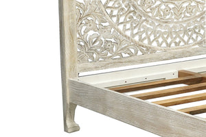 HomeRoots Gray Carved Floral Distressed Solid Wood Queen Bed Frame - Timeless Elegance for Your Bedroom Retreat 635812