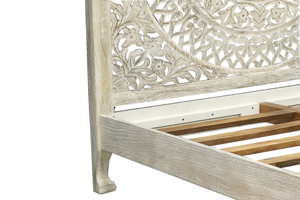 HomeRoots Gray Carved Floral Distressed Solid Wood Queen Bed Frame - Timeless Elegance for Your Bedroom Retreat 635812
