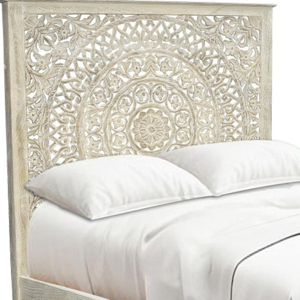 HomeRoots Gray Carved Floral Distressed Solid Wood Queen Bed Frame - Timeless Elegance for Your Bedroom Retreat 635812