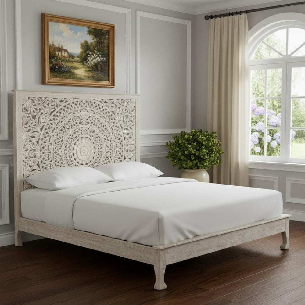 HomeRoots White Carved Floral Distressed Solid Wood King Bed Frame – Elegant Design for Timeless Bedroom Style 635813