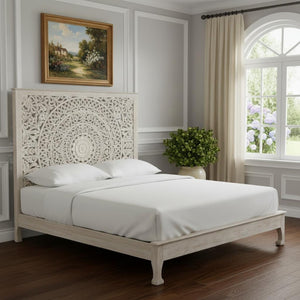 HomeRoots White Carved Floral Distressed Solid Wood King Bed Frame – Elegant Design for Timeless Bedroom Style 635813