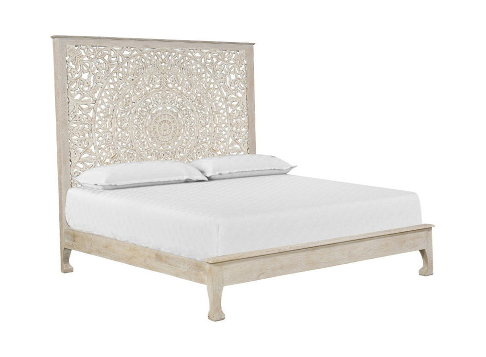 HomeRoots White Carved Floral Distressed Solid Wood King Bed Frame – Elegant Design for Timeless Bedroom Style 635813