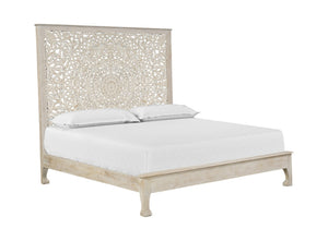 HomeRoots White Carved Floral Distressed Solid Wood King Bed Frame – Elegant Design for Timeless Bedroom Style 635813