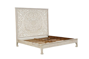 HomeRoots White Carved Floral Distressed Solid Wood King Bed Frame – Elegant Design for Timeless Bedroom Style 635813
