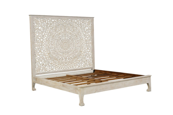 HomeRoots White Carved Floral Distressed Solid Wood King Bed Frame – Elegant Design for Timeless Bedroom Style 635813