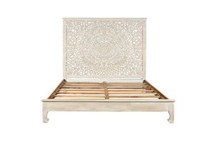 HomeRoots White Carved Floral Distressed Solid Wood King Bed Frame – Elegant Design for Timeless Bedroom Style 635813