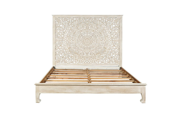 HomeRoots White Carved Floral Distressed Solid Wood King Bed Frame – Elegant Design for Timeless Bedroom Style 635813