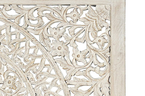 HomeRoots White Carved Floral Distressed Solid Wood King Bed Frame – Elegant Design for Timeless Bedroom Style 635813
