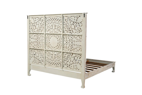 HomeRoots White Carved Floral Distressed Solid Wood King Bed Frame – Elegant Design for Timeless Bedroom Style 635813