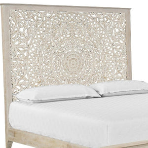 HomeRoots White Carved Floral Distressed Solid Wood King Bed Frame – Elegant Design for Timeless Bedroom Style 635813