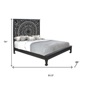 HomeRoots Black Handcrafted Floral Carved Solid Wood King Bed Frame for Timeless Rustic Elegance and Durability 635814