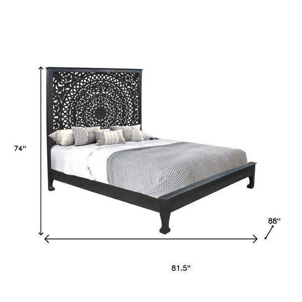 HomeRoots Black Handcrafted Floral Carved Solid Wood King Bed Frame for Timeless Rustic Elegance and Durability 635814