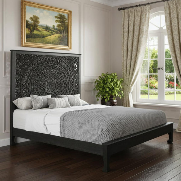 HomeRoots Black Handcrafted Floral Carved Solid Wood King Bed Frame for Timeless Rustic Elegance and Durability 635814
