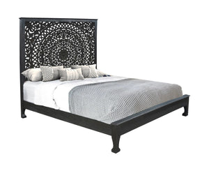 HomeRoots Black Handcrafted Floral Carved Solid Wood King Bed Frame for Timeless Rustic Elegance and Durability 635814