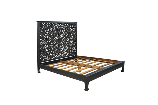 HomeRoots Black Handcrafted Floral Carved Solid Wood King Bed Frame for Timeless Rustic Elegance and Durability 635814