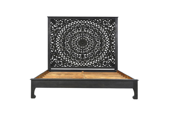 HomeRoots Black Handcrafted Floral Carved Solid Wood King Bed Frame for Timeless Rustic Elegance and Durability 635814