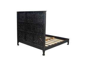 HomeRoots Black Handcrafted Floral Carved Solid Wood King Bed Frame for Timeless Rustic Elegance and Durability 635814